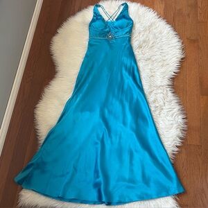 May Queen Blue Rhinestone Embellished A Line Floor Length Satin Prom Gown